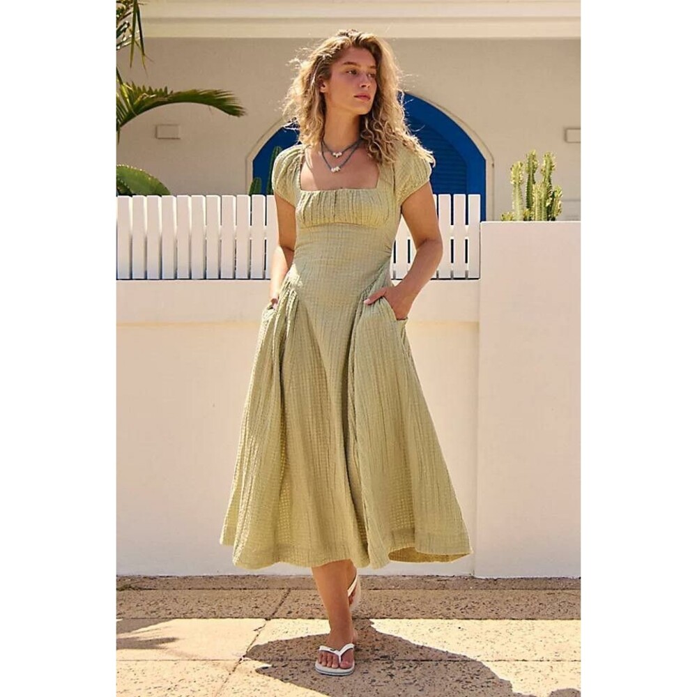 Free-Est Free People Ciara Pucker Check Midi Dress Sage 100% Cotton Pockets Sz S
